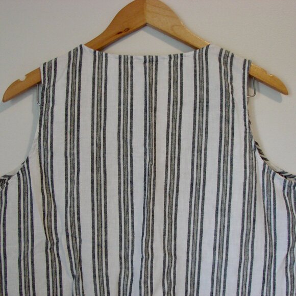 Linen Striped Sleeveless Top Blue White Gold Lurex Ruffle Hem Flowy Large Petite - Picture 10 of 11